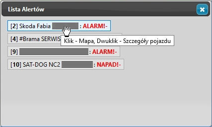 Lista alertów dla pojazdów.